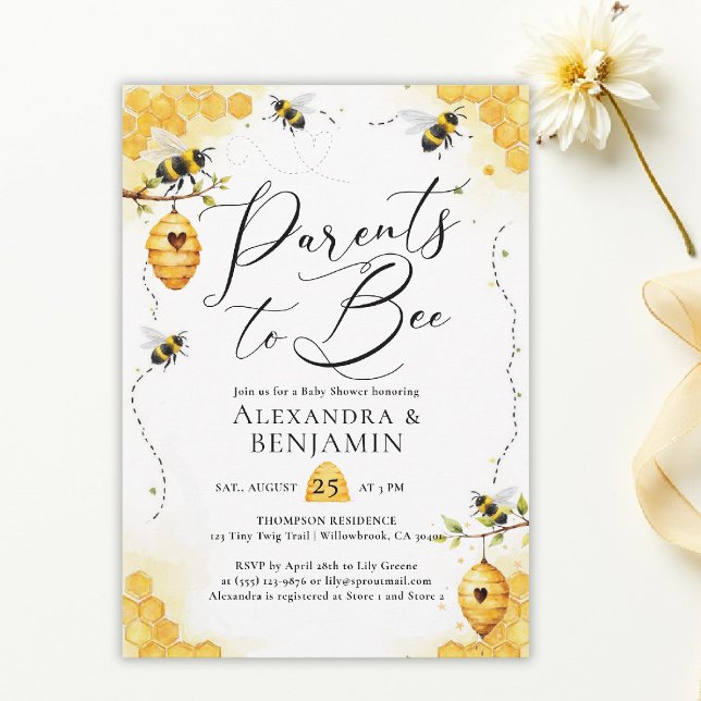 Invitation Fête des futurs parents à l'arrivée de bébé en été (parents to bee baby shower theme invitation spring summer little honey watercolor elegant)