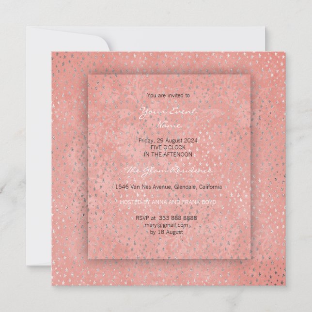 Invitation Fête des mariées 3-D Peach Coral Argent Stars Dama (Devant)