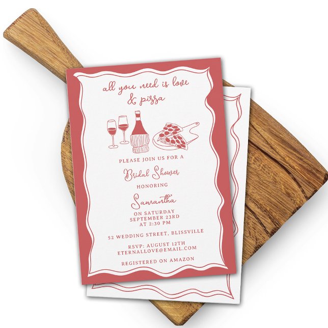 Invitation Fête des mariées à vin de pizza italienne à main r (Red Hand Drawn Italian Pizza Wine Bridal Shower Invitation)
