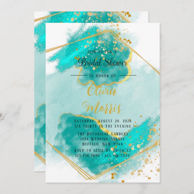 Invitation Fête des mariées Agate Turquoise et Gold Geometric (Devant / Derrière)