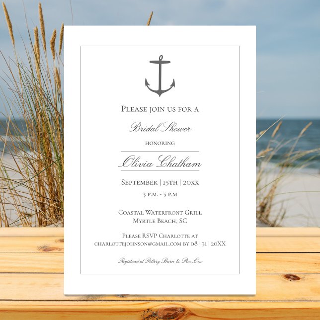 Invitation Fête des mariées Ancre simple | Blanc (White Simple Nautical Anchor Bridal Shower Invitation)