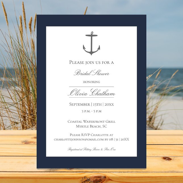 Invitation Fête des mariées Ancre simple | Bleu Marine (Navy Simple Nautical Anchor Bridal Shower Invitation)