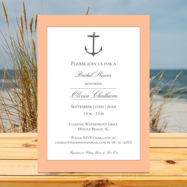 Invitation Fête des mariées Ancre simple | Poche (Peach Fuzz Simple Nautical Anchor Bridal Shower Invitation)