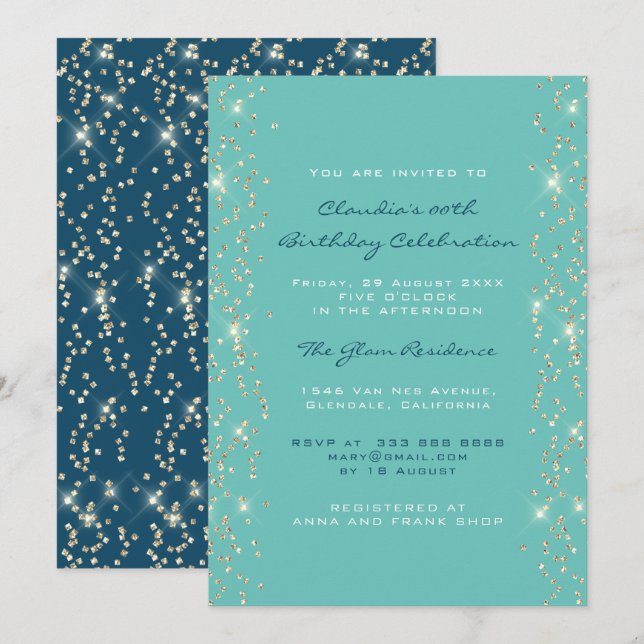 Invitation Fête des mariées Anniversaire Coral Confetti Bleu (Devant / Derrière)