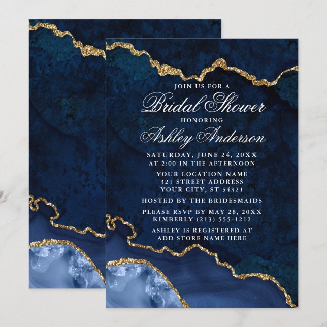 Invitation Fête des mariées Aquarelle Bleu Marbre Or Géode (Devant / Derrière)
