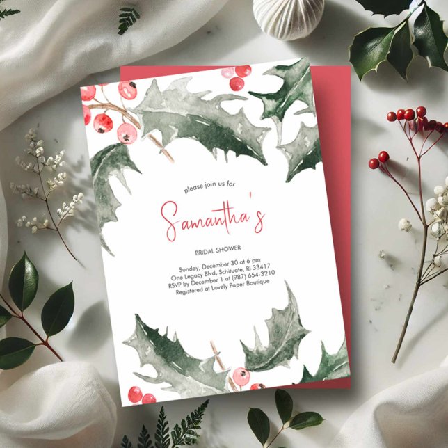 Invitation Fête des mariées Aquarelle Holly Noël (Winter bridal shower invitations. Watercolor holly and berries in shades of red and green.)