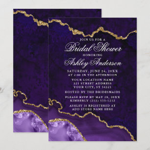 Invitation Fête des mariées Aquarelle Purple Gold Marble Geod
