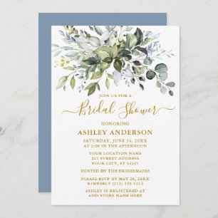 Invitation Fête des mariées Aquarelle Verdure Dusty Blue Gold