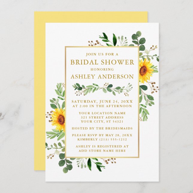 Invitation Fête des mariées Aquarelle Vert Fleurs de soleil O (Devant / Derrière)