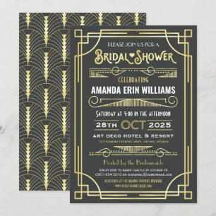Invitation Fête des mariées Art Déco élégant Gold Grey Retro