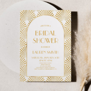 Invitation Fête des mariées Art Déco Géométrique Blanc Or