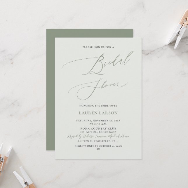 Invitation Fête des mariées ArtsApp Olive+Sage Calligraphy (Devant/Arrière en situation)