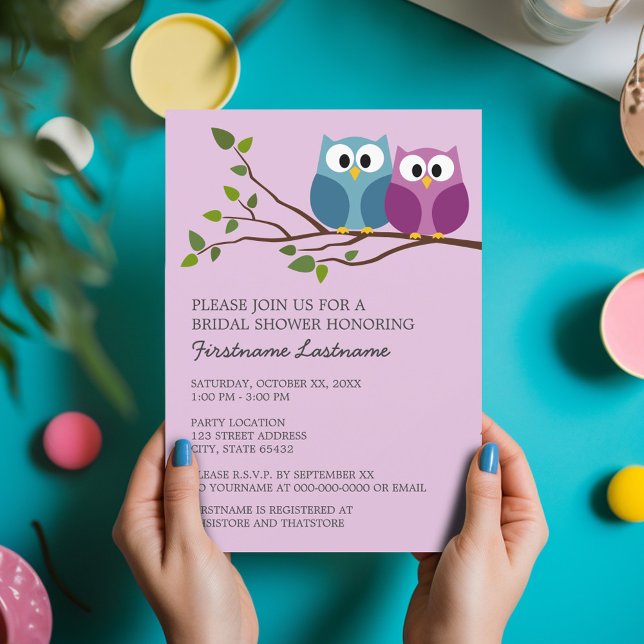 Invitation Fête des mariées avec le Couple d'hibou sur la bra (Bridal Shower Invitation - Cute Cartoon Owls on a Branch - Great Couple's Shower Invite)