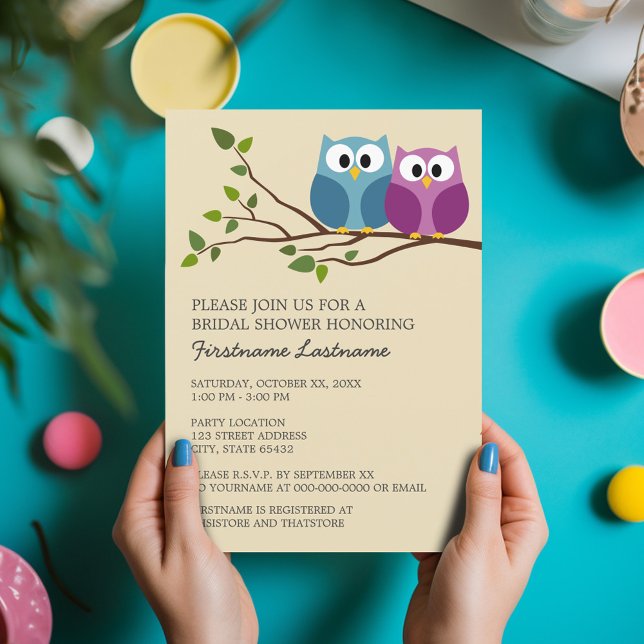 Invitation Fête des mariées avec le Couple d'hibou sur la bra (Bridal Shower Invitation - Cute Cartoon Owls on a Branch - Great Couple's Shower Invite)