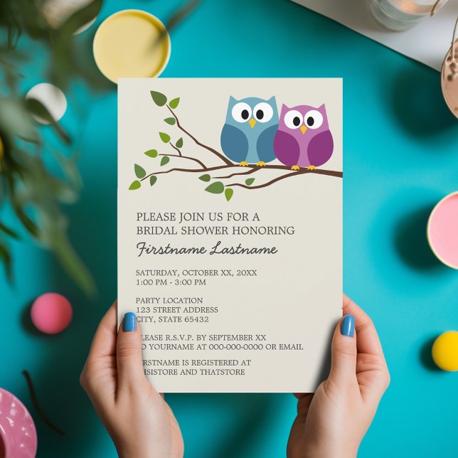 Invitation Fête des mariées avec le Couple d'hibou sur la bra (Bridal Shower Invitation - Cute Cartoon Owls on a Branch - Great Couple's Shower Invite)