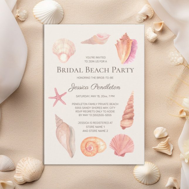 Invitation Fête des mariées Beach Party Coquillages roses (Beach bridal shower invitation)