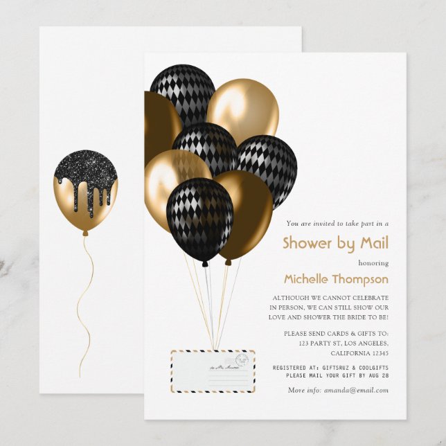 Invitation Fête des mariées Black and Gold Balloons par courr (Devant / Derrière)