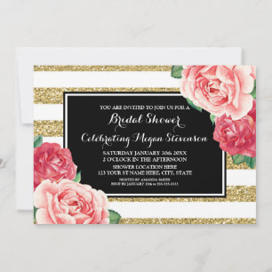 Invitation Fête des mariées Black Gold Stripes rose Fleurs