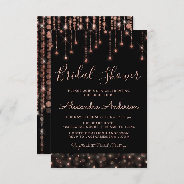 Invitation Fête des mariées Black Rose Gold String (Devant / Derrière)