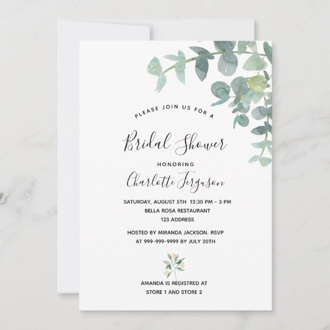 Invitation Fête des mariées blanc eucalyptus vert élégant (Devant)
