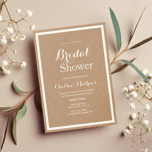 Invitation Fête des mariées blanche en papier brun simple mod