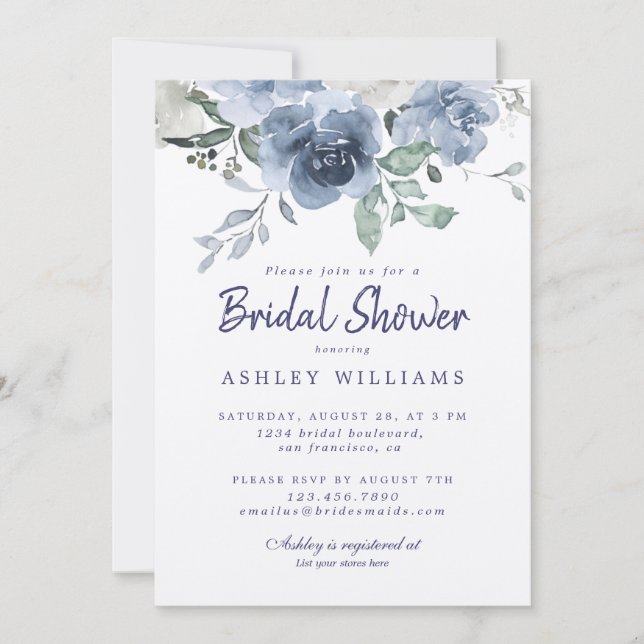 Invitation Fête des mariées blanche Rose bleu chic (Devant)