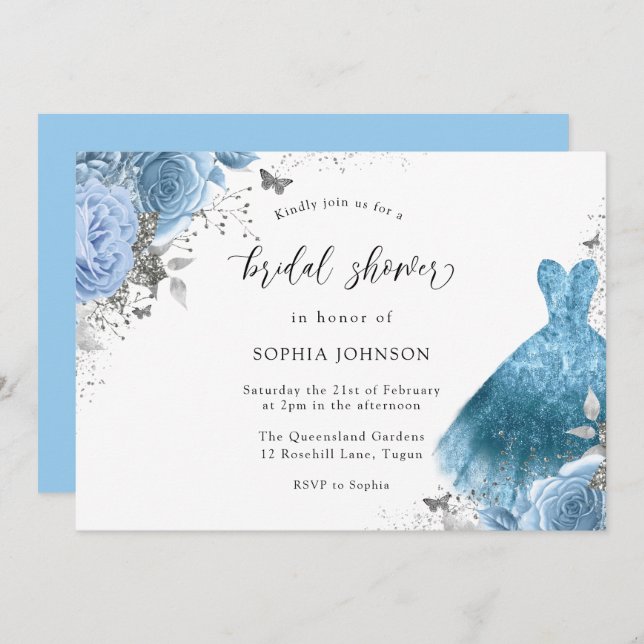 Invitation Fête des mariées bleu Aqua Argent Robe & Fleurs (Devant / Derrière)