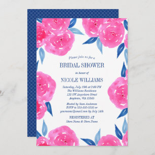 Invitation Fête des mariées bleu marine Aquarelle rose