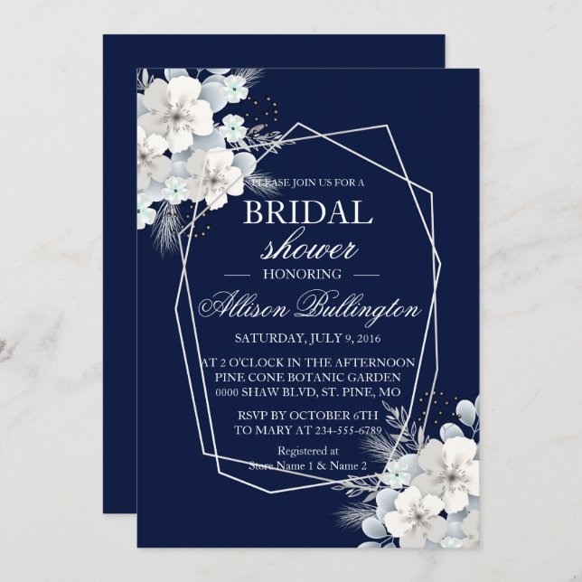 Invitation Fête des mariées bleu marine sakura à fleurs blanc (Devant / Derrière)