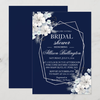 Invitation Fête des mariées bleu marine sakura à fleurs blanc