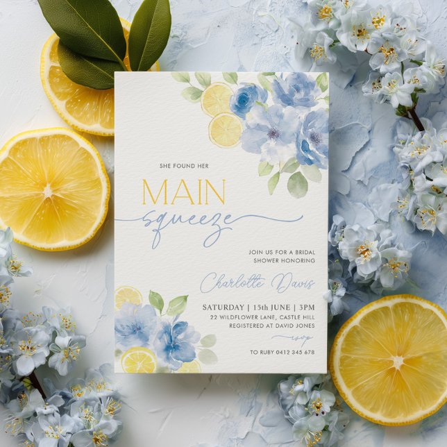 Invitation Fête des mariées bleue Citron Citron principal (Main Squeeze Blue Lemon Bridal Shower Invitation | Blue Flowers and Lemon Slices)