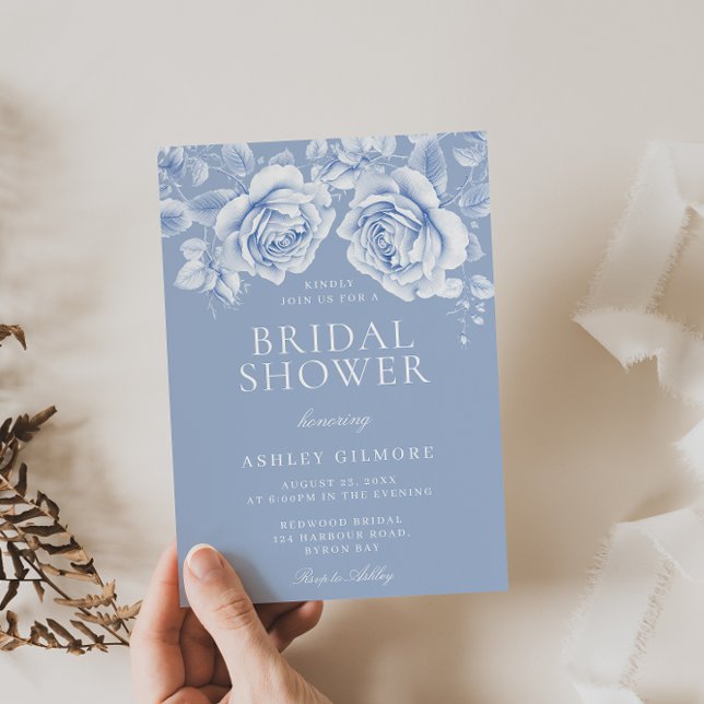 Invitation Fête des mariées Bleue Élégante Rose vintage (Créateur téléchargé)