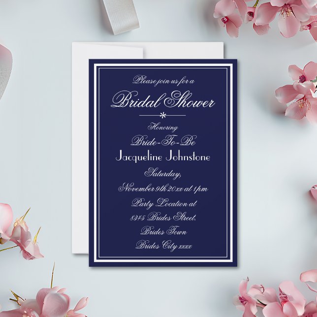 Invitation Fête des mariées Bleue Et Blanche De La Marine Cla (Simple, Elegant, Navy Blue and White Bridal Shower Invitation.)