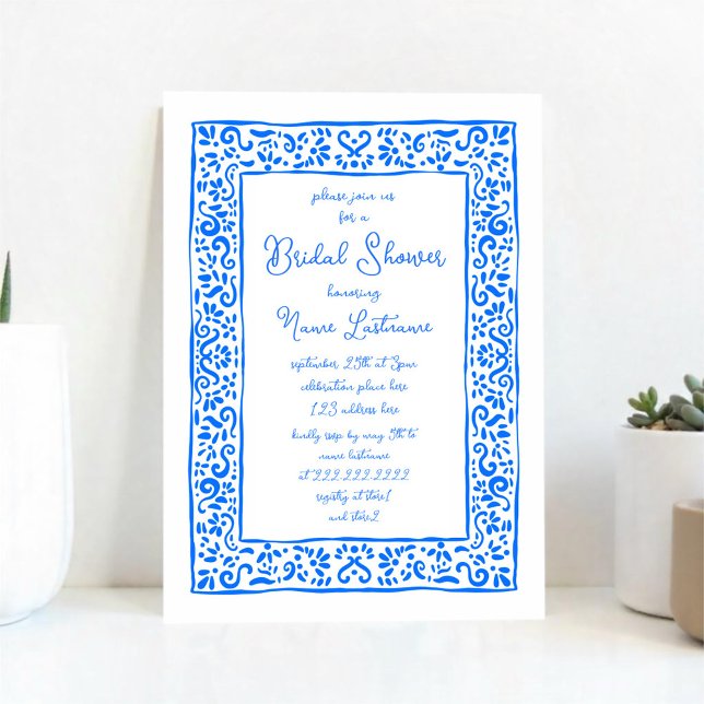 Invitation Fête des mariées bleue peinte à la main méditerran (Créateur téléchargé)