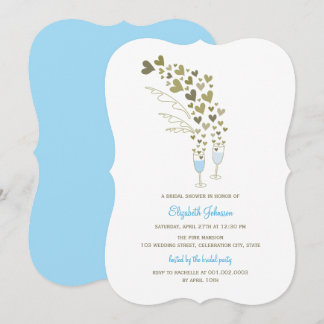 Invitation Fête des mariées Blue Champagne Cheers & Gold Hear