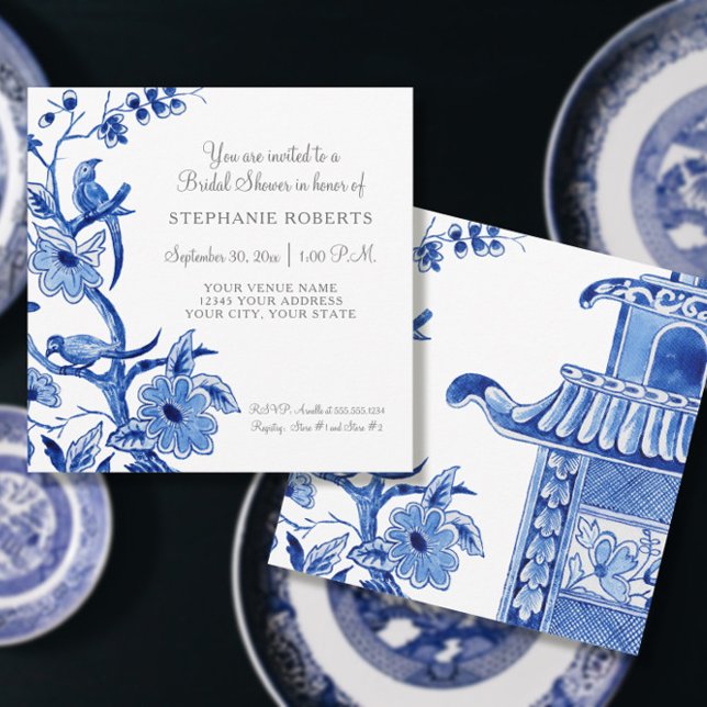 Invitation Fête des mariées Blue Chinoiserie Floral Aquarelle (Créateur téléchargé)