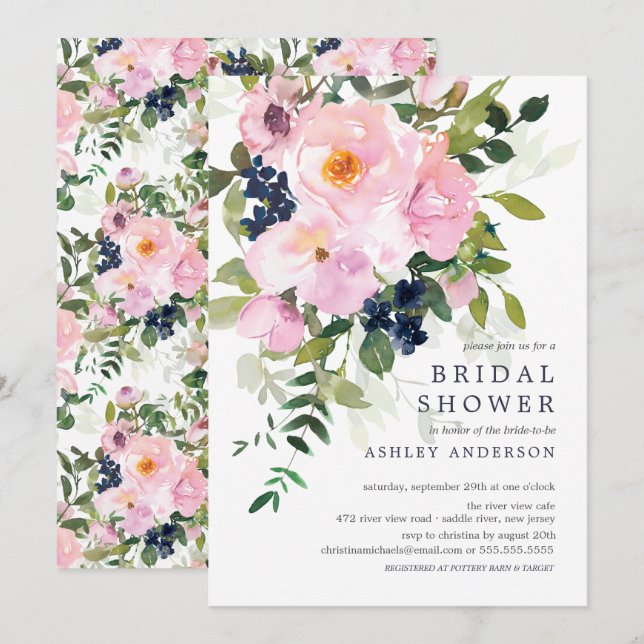 Invitation Fête des mariées Blush Roses & Peonies (Devant / Derrière)