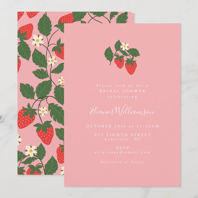 Invitation Fête des mariées Boho aux fraises roses Vintage ét (Devant / Derrière)