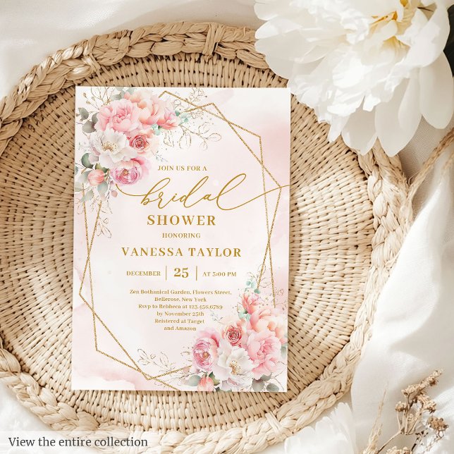Invitation Fête des mariées Boho Blush Gold Frame  (Stylish Boho Blush Gold Frame Bridal Shower Invite)