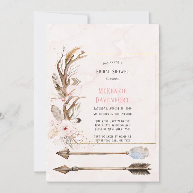 Invitation Fête des mariées Boho Deer Antlers et Florals Flèc (Devant)