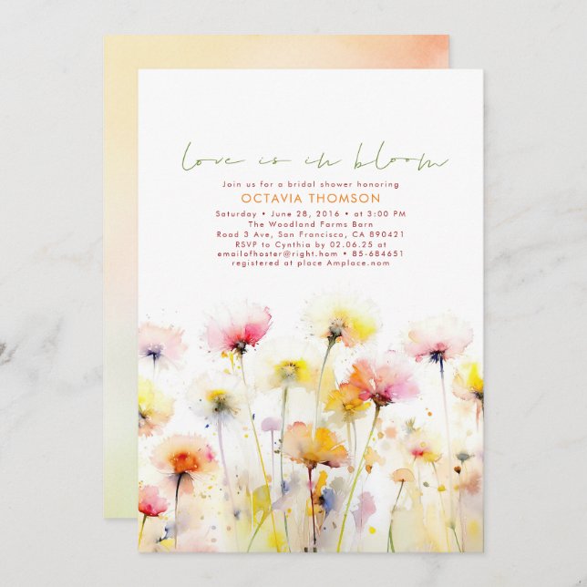 Invitation Fête des mariées Boho Elegant Fleur sauvage Aquare (Devant / Derrière)