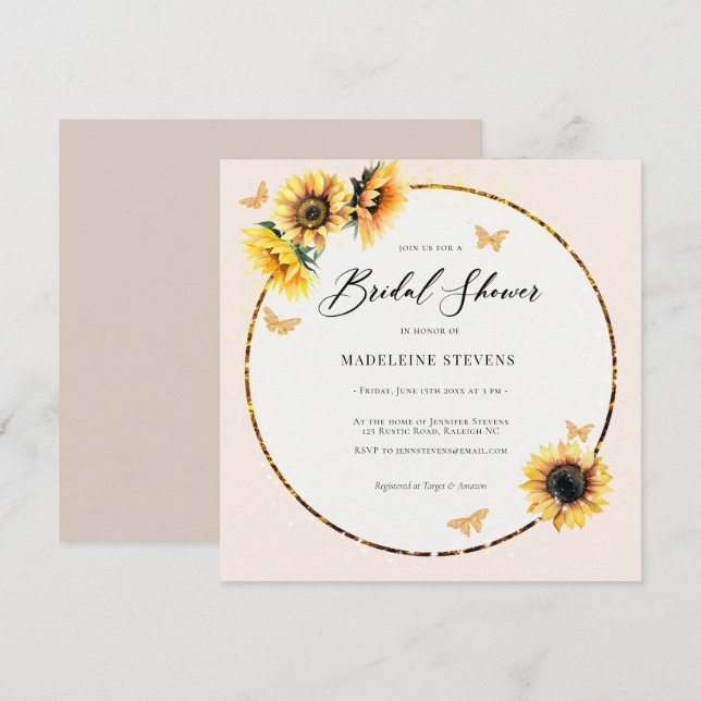 Invitation Fête des mariées Boho en or des tournesols rustiqu (Devant / Derrière)