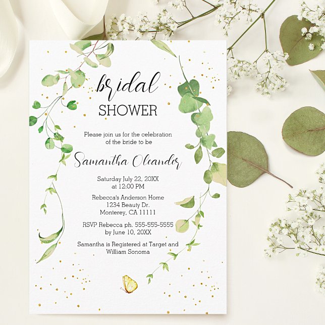 Invitation Fête des mariées Boho Eucalyptus Green (Eucalyptus Greenery Boho Bridal Shower Invitations with gold sparkle details.)