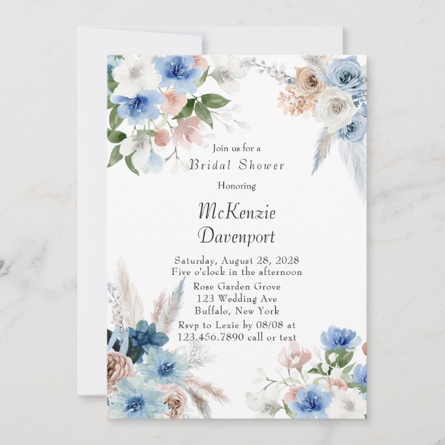 Invitation Fête des mariées Boho Pink et Blue Peony (Devant)