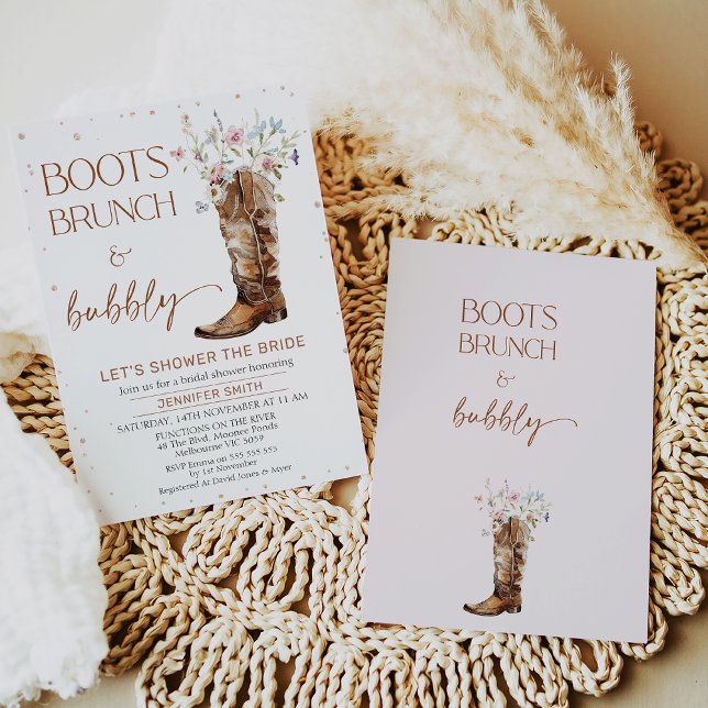Invitation Fête des mariées Boots Brown Fleur sauvage rustiqu (Boots Brunch Bubbly Bridal Shower Invitation, Rustic, Wildflowers Boot Bridal Shower Invite, Country)