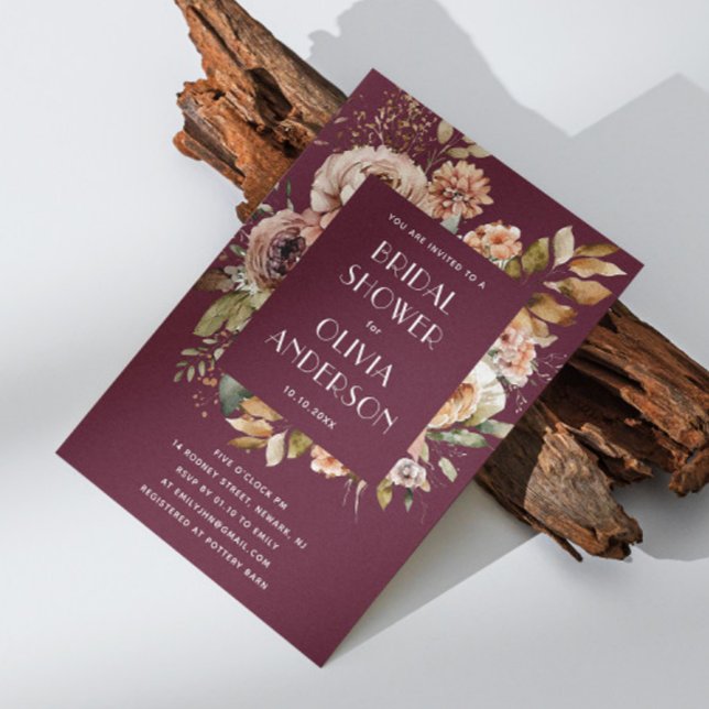 Invitation Fête des mariées bordeaux foncé | Elegant Boho Chi (Créateur téléchargé)