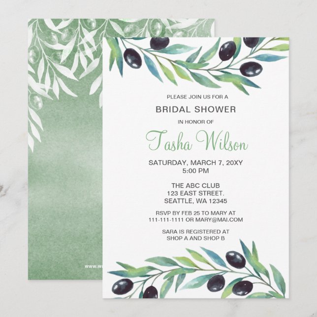 Invitation Fête des mariées botanique de la branche d'olivier (Devant / Derrière)