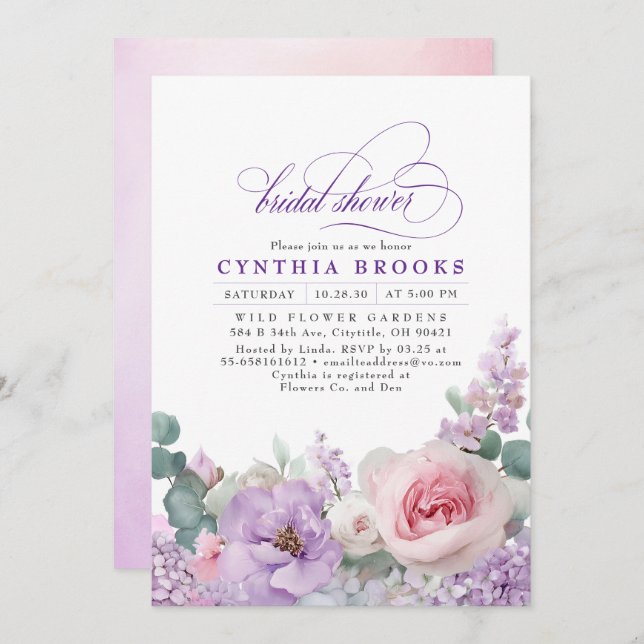 Invitation Fête des mariées botanique violet rose floral Boho (Devant / Derrière)