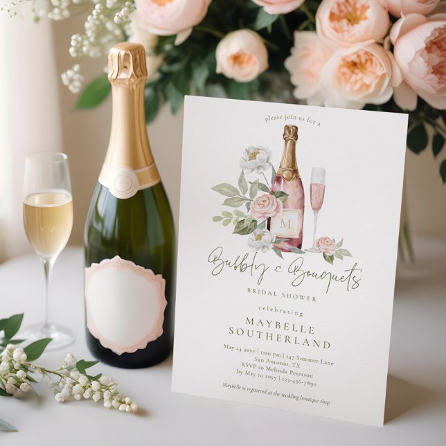 Invitation Fête des mariées Bouquet Bubly Prosecco Watercolor (Watercolor Pink Peony Floral Blossom Bridal Shower Invitation)