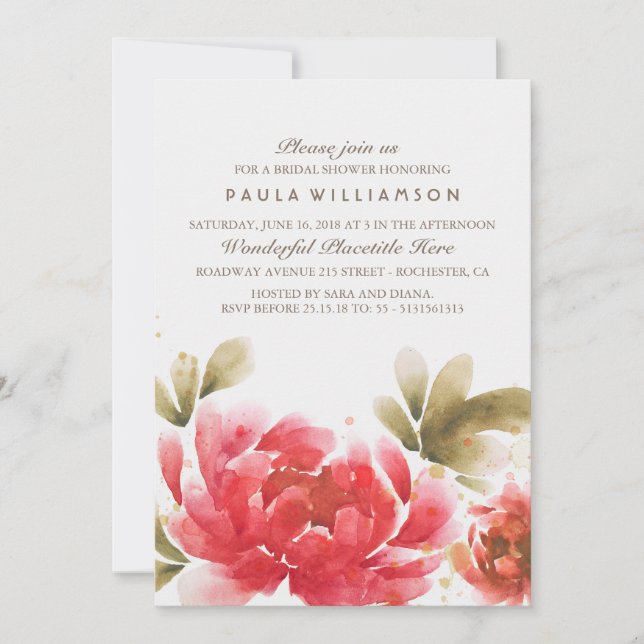 Invitation Fête des mariées Bouquet de fleurs d'aquarelle (Devant)